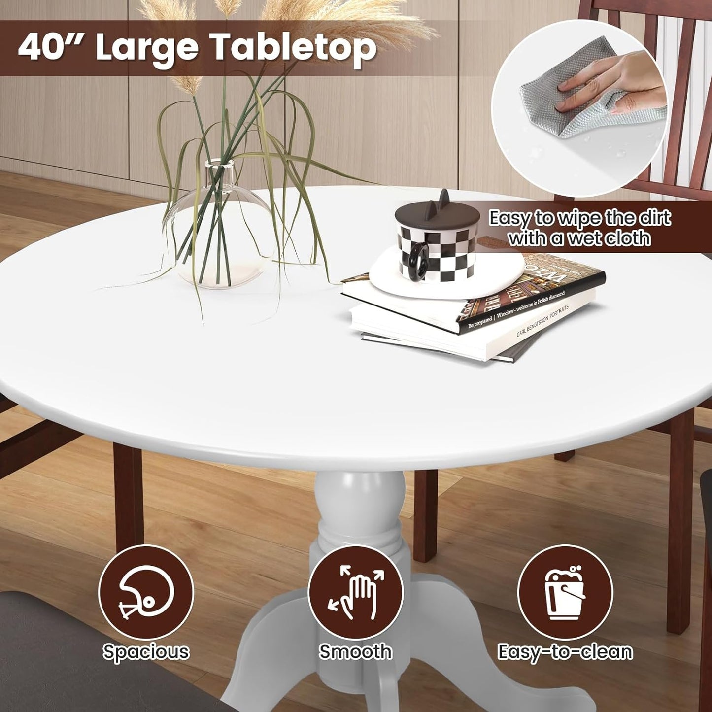 SILKYDRY 39-inch Round Dining Table, Mid Century Modern Kitchen Table with Circle Tabletop & Curved Trestle Legs, Pedestal Dinette for 4, Suitable for Leisure Café Bistro (White)
