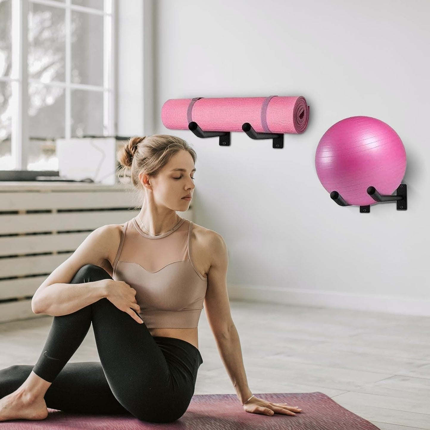 Exercise Ball Holder, 15.35x1.57x3.94in Exercise Ball Holder Wall Mount, Black Yoga Ball Stand, 2X Heavy Duty Home Gym Accessories, Fitness Equipment Storage Organizer for Gyms, Studios, Home Gyms