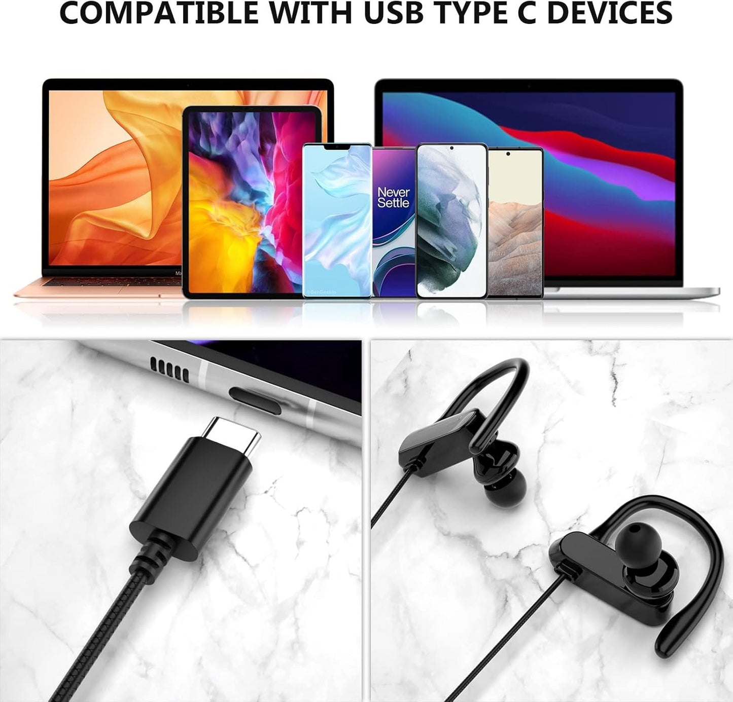 Wired Headphones USB C Earbuds with Anti Drop Earhook in Ear Buds Microphone Running Sports Gym Earphones for Apple iPhone 16 Pro Max 15 16e Android Samsung S25 S24 Ultra S23 S21 S20 Google Pixel 9 8