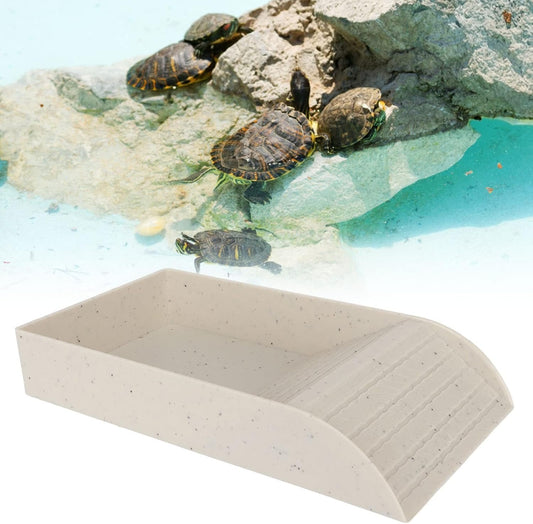 Reptile Tortoise Turtle Feeding Dish, Reptile Food Dish with Ramp and Basking Platform Turtle Food and Water Bowl Slip Resistant Also Fit for Bath Horned Frogs Lizards Amphibians (Granite Color)