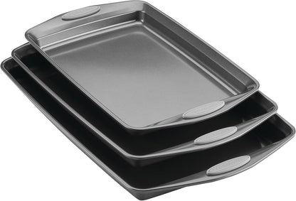 Rachael Ray 47577 3-Piece Cookie Pan Steel Baking Sheet Set, Sea Salt Gray Grips