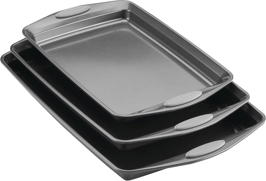 Rachael Ray 47577 3-Piece Cookie Pan Steel Baking Sheet Set, Sea Salt Gray Grips