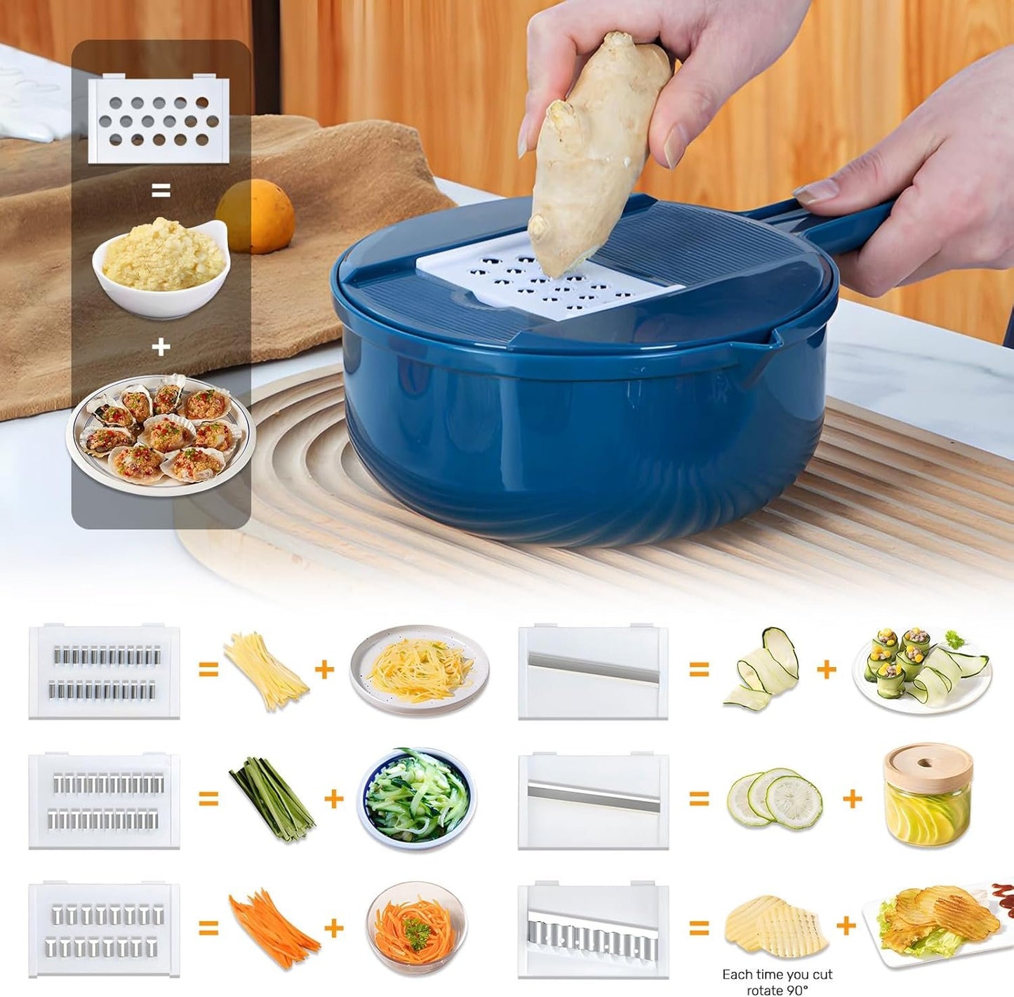 Vegetable and Cheese Grater Tool Set, Multifunction with Drain Basket, Vegetable Slicer, Mandolin Slicer, Chopper, Kitchen Gadget, Peeler and Shredder (Blue, 9 in