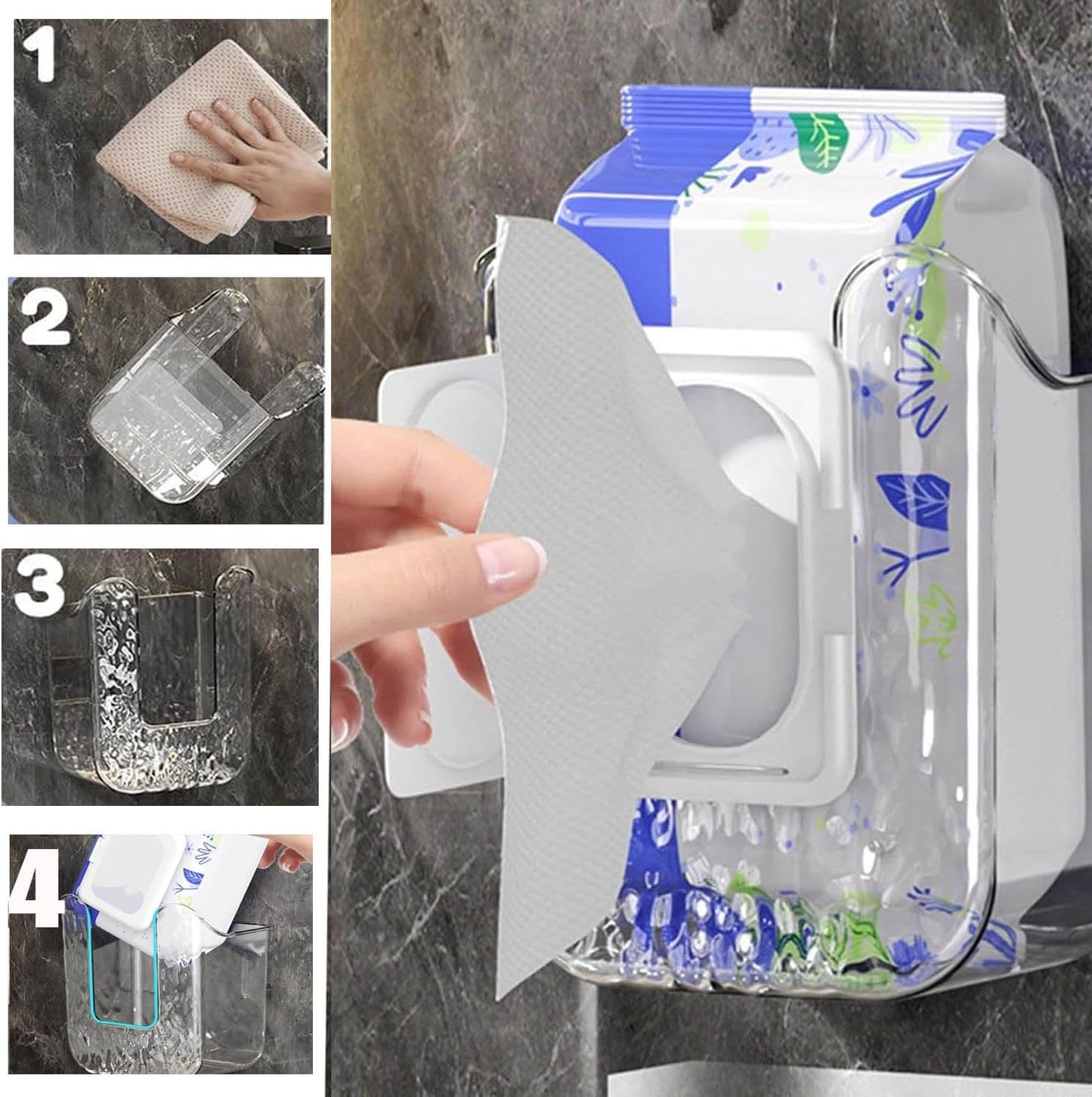 WADY Wall Mounted Wipes Holder Wipes Wall Mounted Holder Bathroom Wipes Holder Toilet Wipes Holder Punch-Free Wipes Dispenser Kitchen Wipes Storage Box Wipes Organizer Container (Transparent gray)