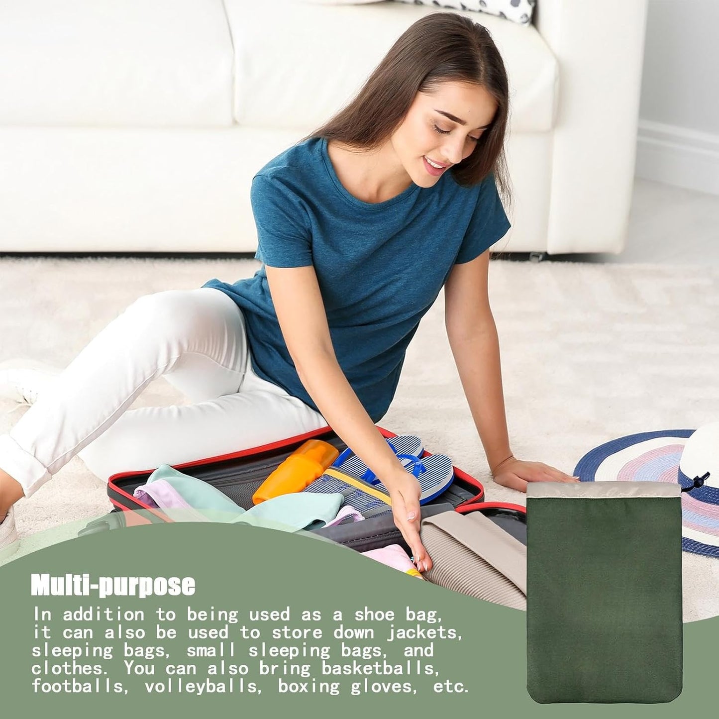 Shoe Travel Bag, Dustproof Organizer, Drawstring Storage Pouch, Portable Packing Solution, Polyester Green, Lightweight, 11.81x16.14 inches, for Women Men Footwear Holder, Gear