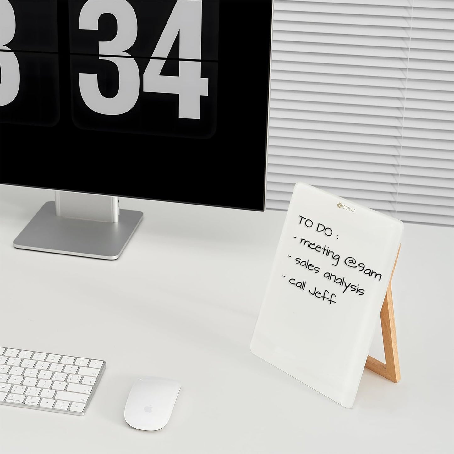 Desktop Glass Whiteboard with Reversible Wood Stand, Small White Board, Mini Dry Erase Whiteboard Easel for Desk, Reusable Desk Notepad 9.5"x6.7" for Home, Office, Accessories Included, Yeoux