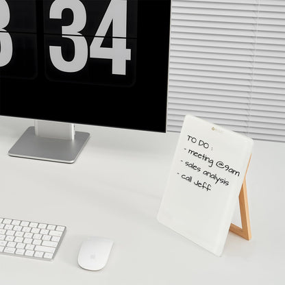 Desktop Glass Whiteboard with Reversible Wood Stand, Small White Board, Mini Dry Erase Whiteboard Easel for Desk, Reusable Desk Notepad 9.5"x6.7" for Home, Office, Accessories Included, Yeoux