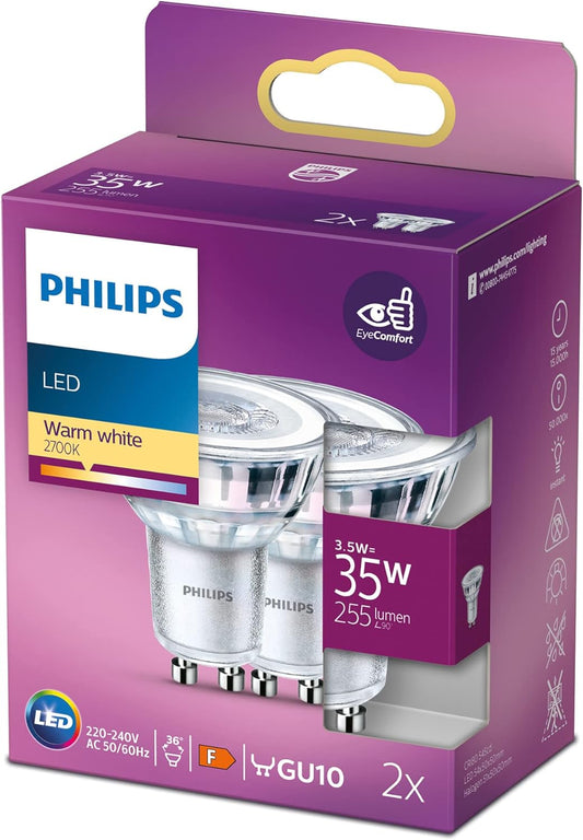 PHILIPS LED Classic Light Bulb 2 Pack [GU10 Spot] 3.5W - 35W Equivalent, Warm White (2700K), Non Dimmable