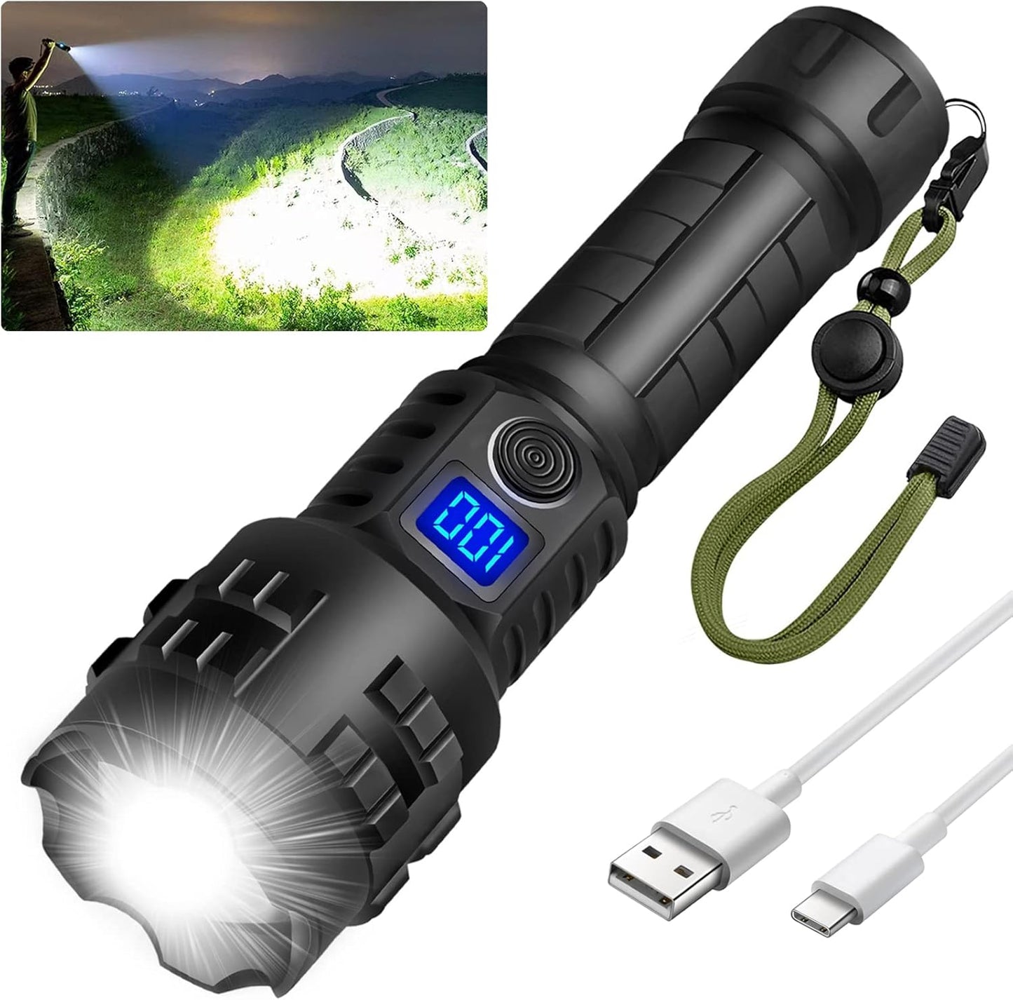 Super Bright Flashlight High Lumens Rechargeable, 100000 Lumen Xhp70.2 Powered Led Flashlights Brightest Flash Light, AHHZDZQ Powerful Handheld Tactical Flashlights for Camping, Emergency