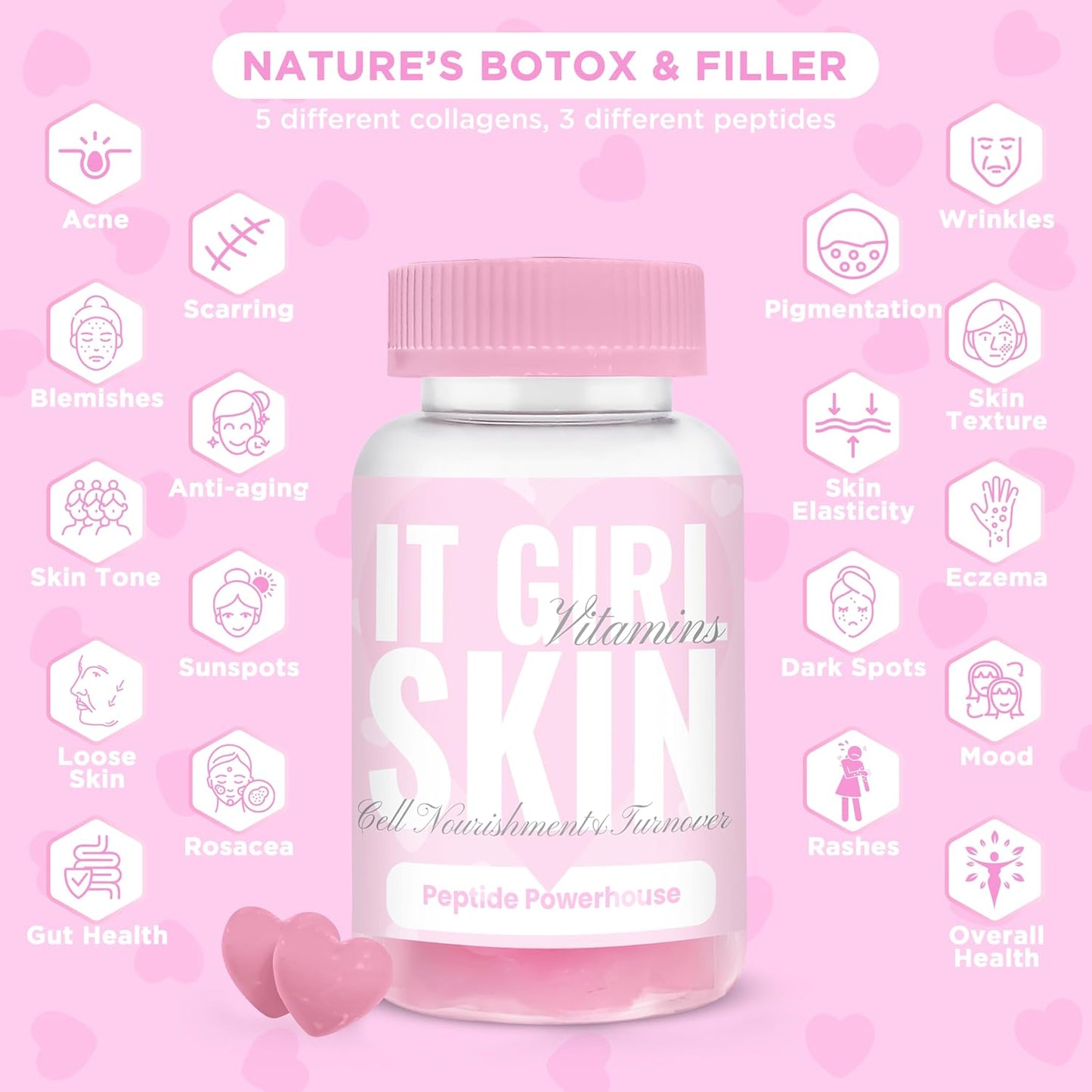 Glowing Skin Collagen Gummy, Hydrated, Youthful Skin, Hyaluronic Acid, Peptides, Retinol, Sea Moss, Vitamins & Antioxidants for Anti-Aging, Acne, Skincare, Beauty Gummies for Women, Organic & Vegan