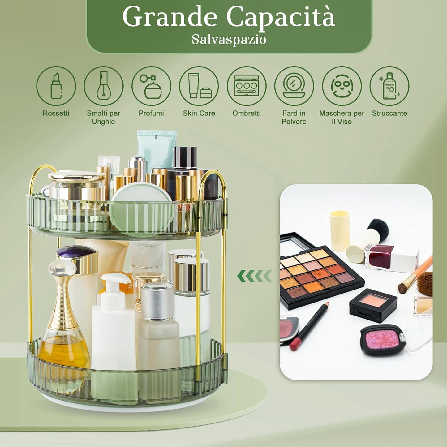 Boxalls 360° Rotating Makeup Organizer, Large Capacity Makeup Organizer, Bathroom Makeup Organizer, Desktop Makeup Storage Box Cream Display (2 Tiers, Green)