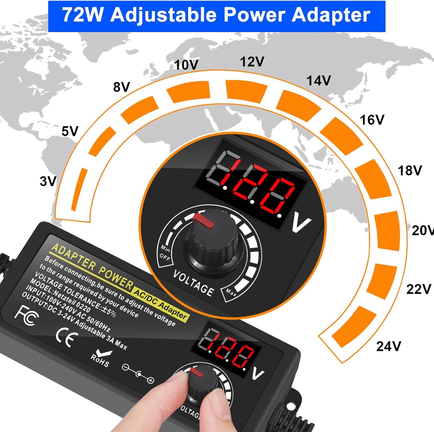 Carastek Adjustable Power Adapter 3V-24V 3A 72W with Digital Display Universal AC/DC 100V-240V AC to DC Adapter with 14 Tips and Polarity Converter for Home Electronics
