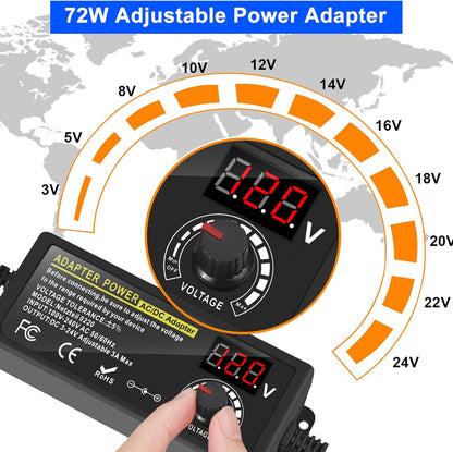 Carastek Adjustable Power Adapter 3V-24V 3A 72W with Digital Display Universal AC/DC 100V-240V AC to DC Adapter with 14 Tips and Polarity Converter for Home Electronics