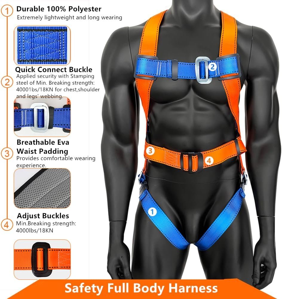 Full Body Safety Harness Tool Fall Protection with D-Rings and Waist Belt,Universal Personal Protective Equipment ANSI/ASSE OSHA/ANSI