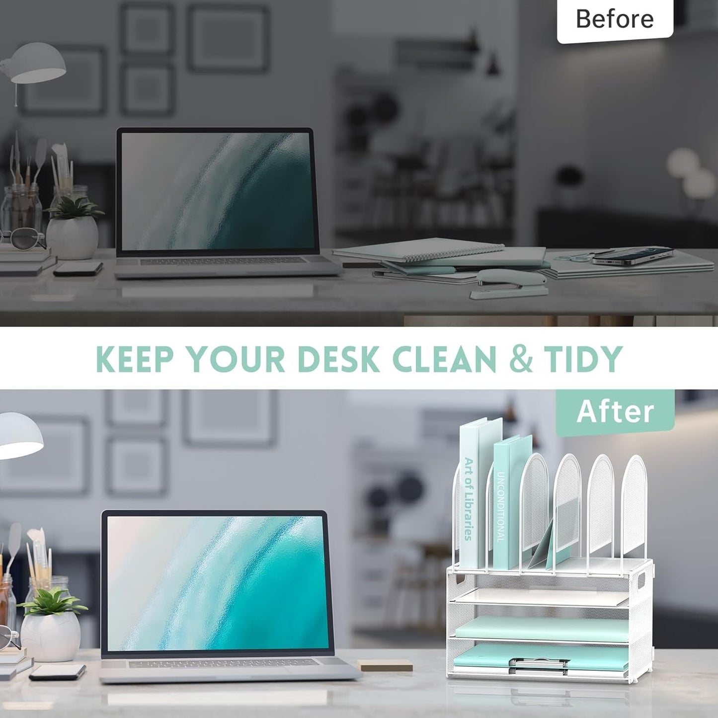 DALTACK Desk Organizer with Vertical File Holder, 3 Tier Desktop Organizer with 5 File Folder Holders and Handles, Desk Organizers and Accessories for Home Office Organization, Metal Mesh, White