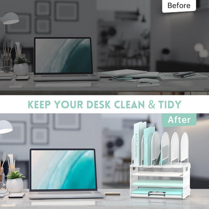 DALTACK Desk Organizer with Vertical File Holder, 3 Tier Desktop Organizer with 5 File Folder Holders and Handles, Desk Organizers and Accessories for Home Office Organization, Metal Mesh, White