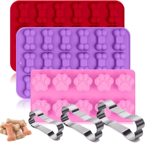 Set of 6ï¼Œ3Packs Silicone Molds Puppy Dog Paw & Bone Shaped and 3 Packs Stainless Steel Bone Cookie Cutter,for Homemade Treats and Cat Animal Paw Ice Candy Chocolate Baking Mold