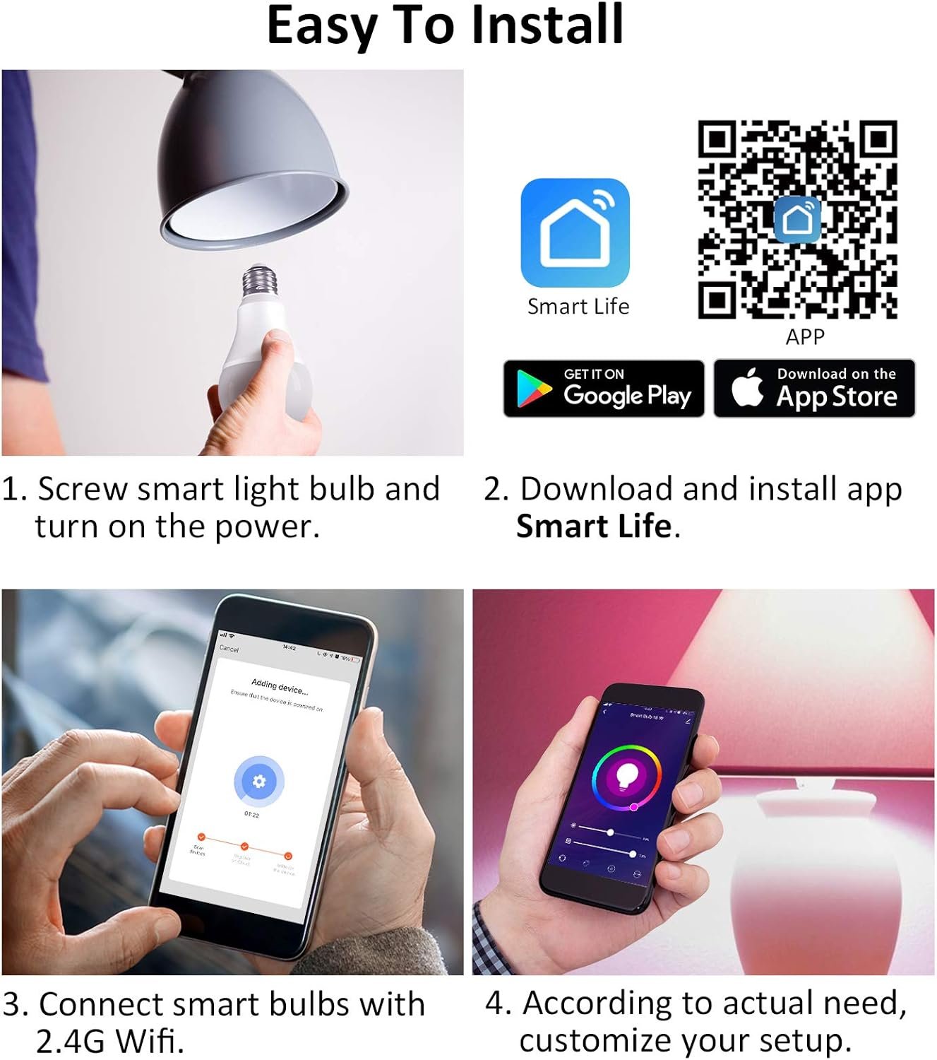 Smart LED Light Bulbs 150W Equivalent, 1600LM 16W Alexa Light Bulbs, A19 E26 Ultra Bright Color Changing Light Bulbs, 2.4 GHz WiFi Dimmable Light Bulbs Compatible with Alexa, Google 4 Packs(Upgrated)