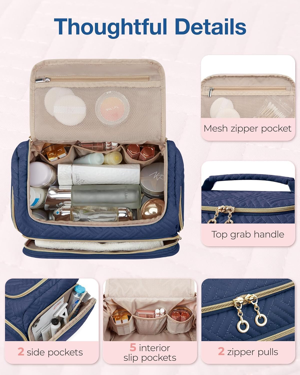bagsmart Travel Toiletry Bag for Women, Cosmetic Bag Makeup Bag Organizer with Handle, Travel Bag for Toiletries, Travel Accessories, Full Sized Container, Navy, Large, Fashion