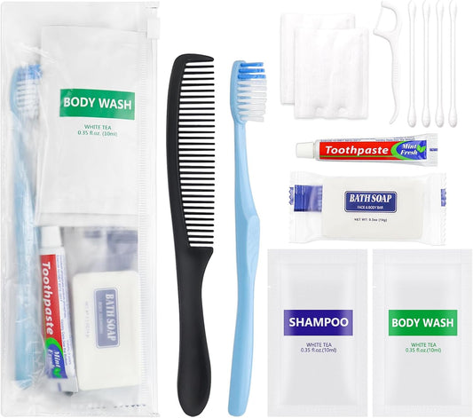 Pack of 10 Basic Toiletry Kits, Hygiene Kit Bulk, Individually Packed, Homeless Care Package Supplies Travel Size Toiletry Kit for Men Women Charity Reusable Toiletry Bag