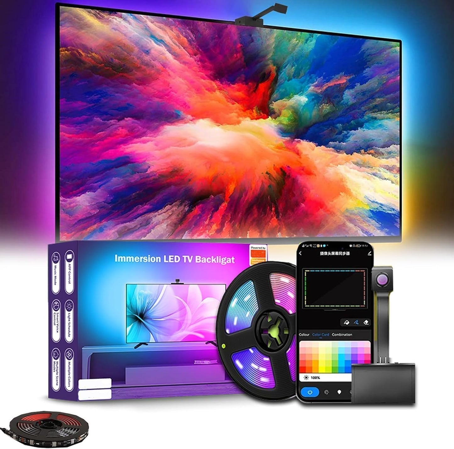 GlowSync HD - Smart LED TV Backlight Strip with Real-Time Screen Sync, LED Strip Lights Sync Color Changing to Game & Music, TV Light Strip with App and Remote Control USB Powered (for 55-65 inch TVs)
