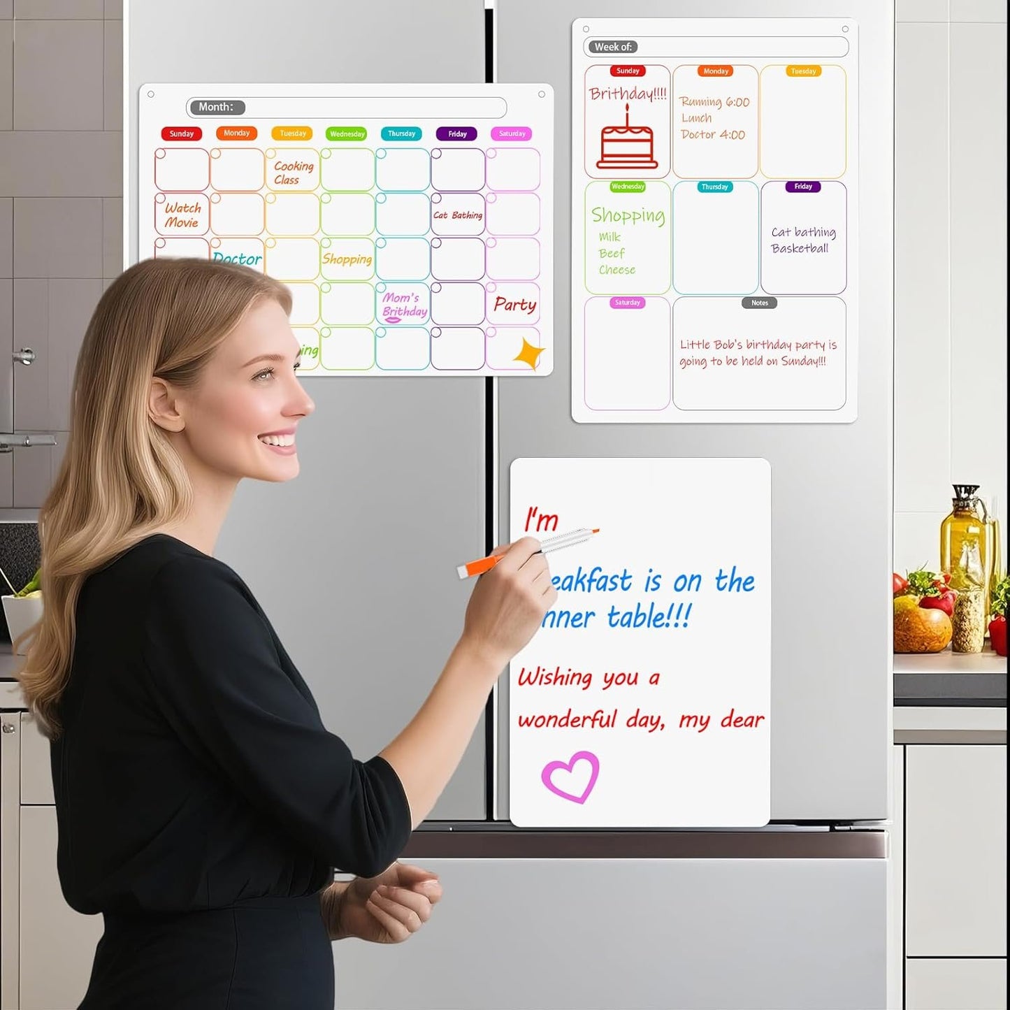 Magnetic Dry Erase Calendar Whiteboard Set (3-Pack) – 1 Monthly Planner 1 Weekly Planner and 1 Whiteboard with 7 Markers & Eraser for Fridge, Wall and Home Organization