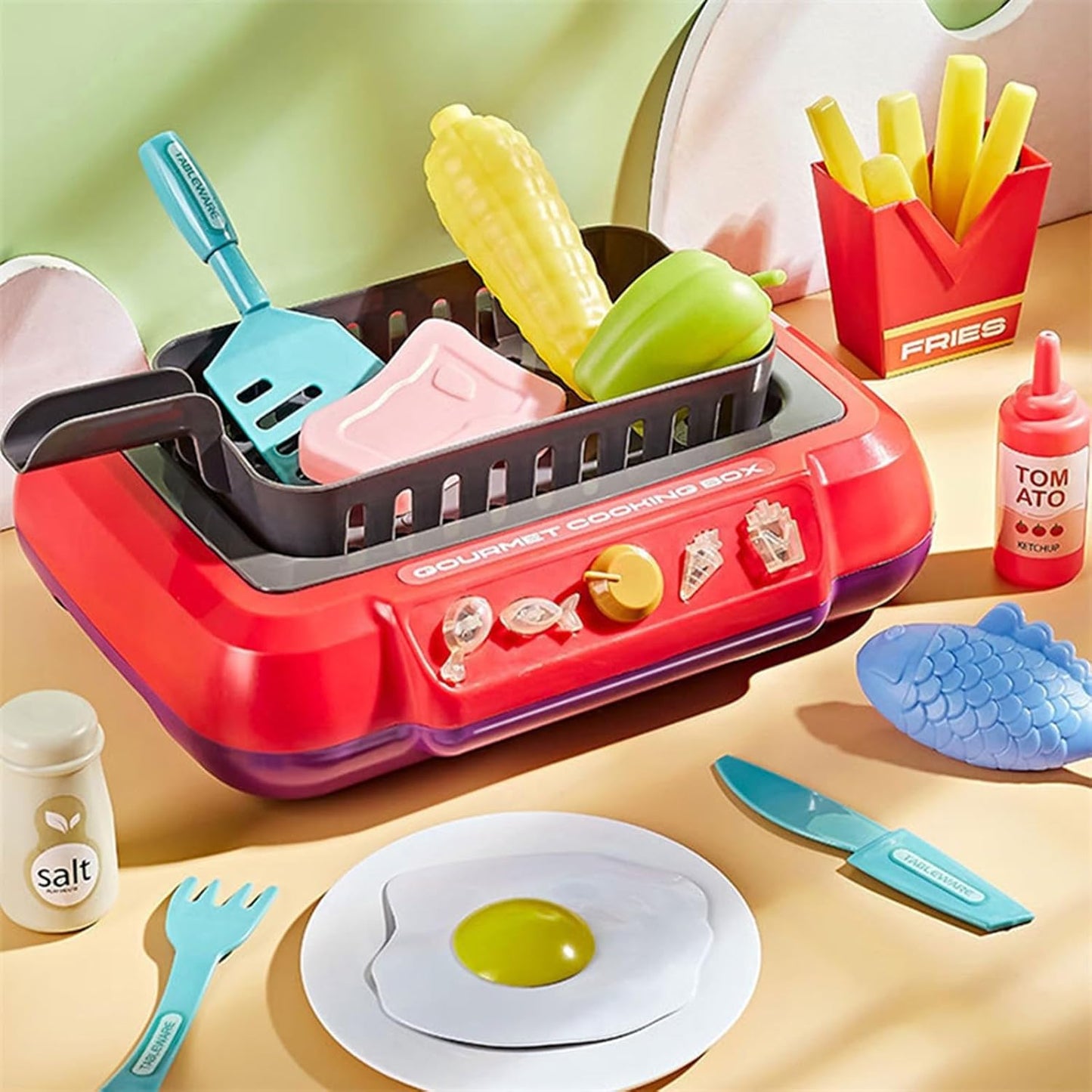 Luckywaqng 20 pezzi Gourmet Cooking Box Toy Simulation Cooking Toy Pretend Play Gourmet Cooking Box Water Fryer Cooking Box Play Grill with Cooking Utensils Light Accessori per la cucina dei bambini