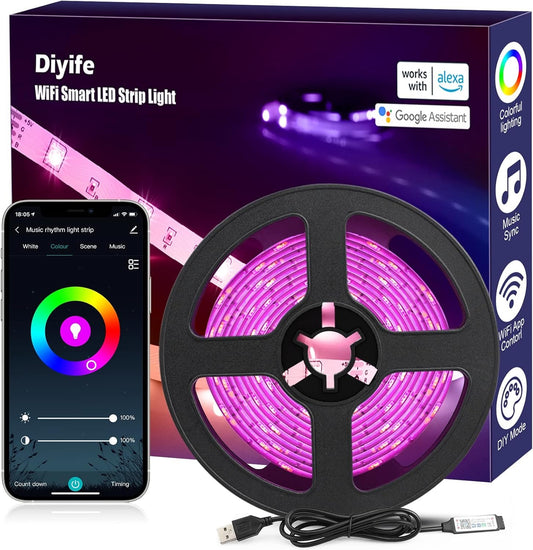 Smart LED Light Strip Alexa, [3m] [WiFi App Control] Diyife 5050 RGB LED Strip Light Compatible with Alexa/Google Assistant, Timer, 16 Million Colors Changing, Music Sync, for TV, Bedrooms, Christmas