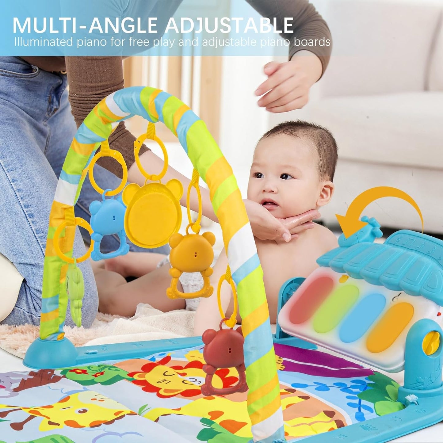 Besswin Baby Gyms Play Mat, Activity Center with Portable Play Piano Gym Mat & Lights Toy,Five Hanging Toys for Interactive Play Soft, Infant Tummy Time Mat Perfect Baby Toys for Age 0+（518A-25）