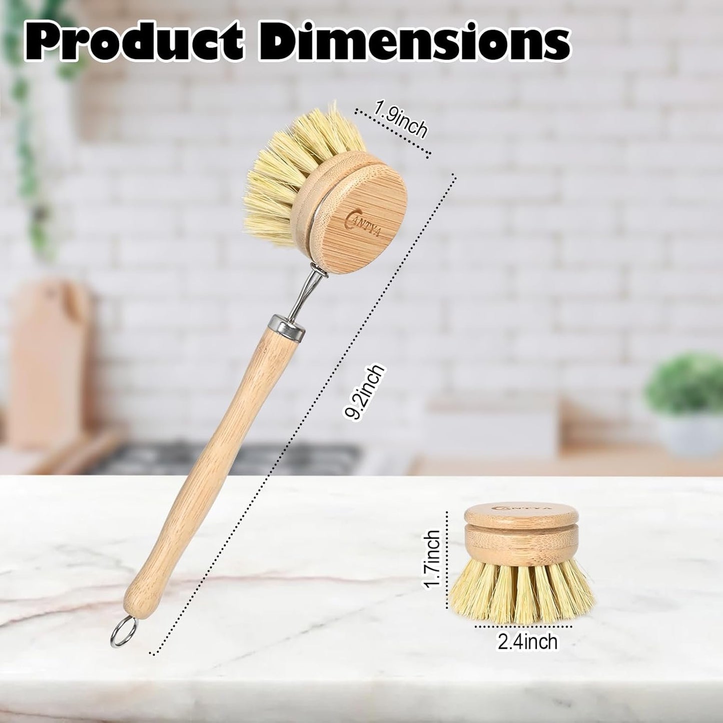 Bamboo Dish Brush with Handle 4 Replacement Heads - Soft Bristles Brosse Vaisselle, Natural Dish Scrubber, Compostable & Sustainable, Vegetable Brush for Cleaning Kitchen Utensils