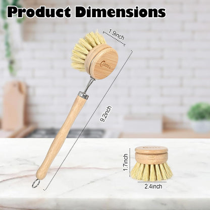 Bamboo Dish Brush with Handle 4 Replacement Heads - Soft Bristles Brosse Vaisselle, Natural Dish Scrubber, Compostable & Sustainable, Vegetable Brush for Cleaning Kitchen Utensils