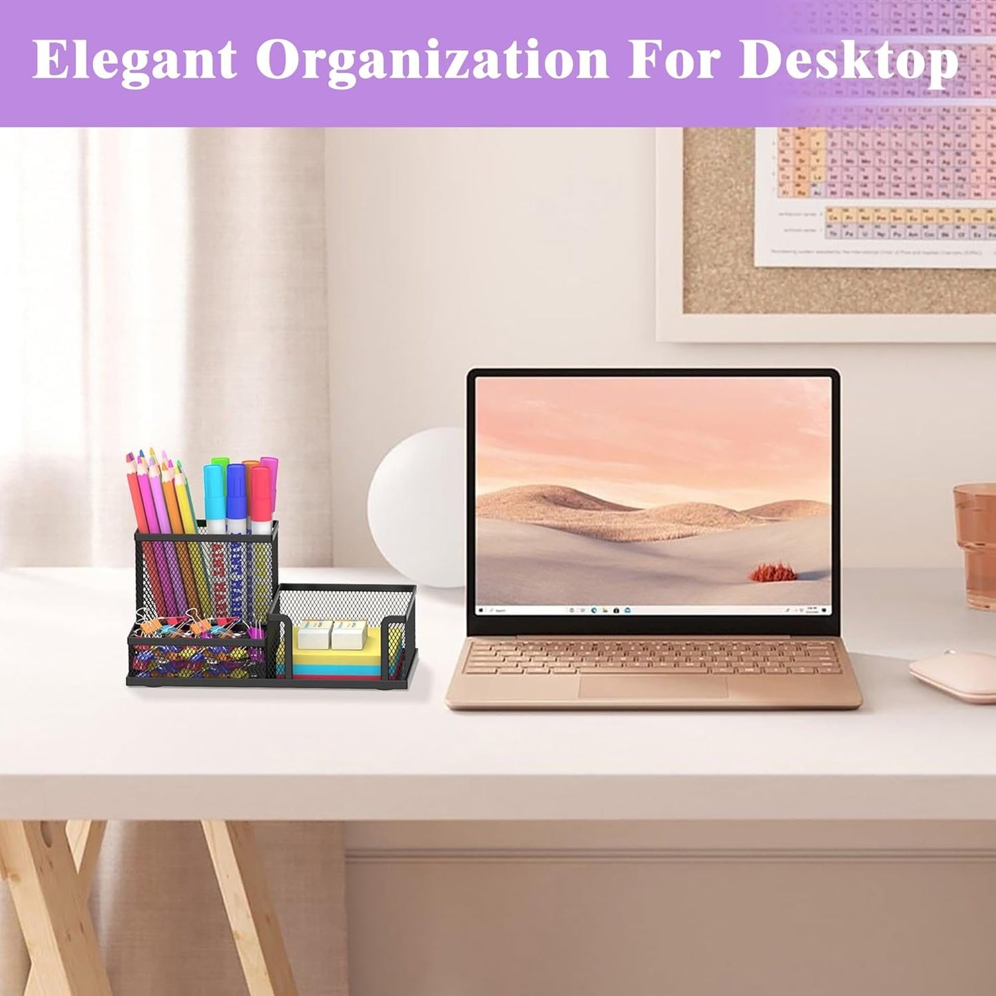 SUPEASY Mesh Pen Holder Desk Organizer, Office Supplies Pencil Storage with 3 Compartments, Office Desk Accessories and Workspace Organizers for Home School, Black