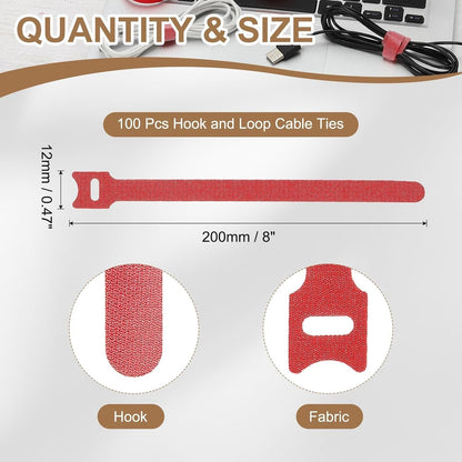 uxcell 100Pcs Reusable Self-Gripping Cable Ties, 8" Hook and Loop Wire Organizers for Power Cords, Data Cables, TV/PC Wires, Chargers - Adjustable & Durable Fabric Straps(Red)