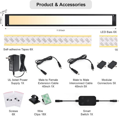 6pack 12inch Dimmable LED Under Cabinet Light Kit, 2700K to 6000K Smart LED Under Counter Lighting Fixture, Compatible with Alexa, Google Assistant, for Kitchen, Pantry, Shelf (Black)