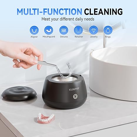 KUNPHY Ultrasonic Retainer Cleaner, IPX7 Water-Proof Denture Cleaner Machine, Portable Dental Cleaning Pod for Deep Cleaning Mouth Guard, Aligner, Braces, Jewelry, Matte Black