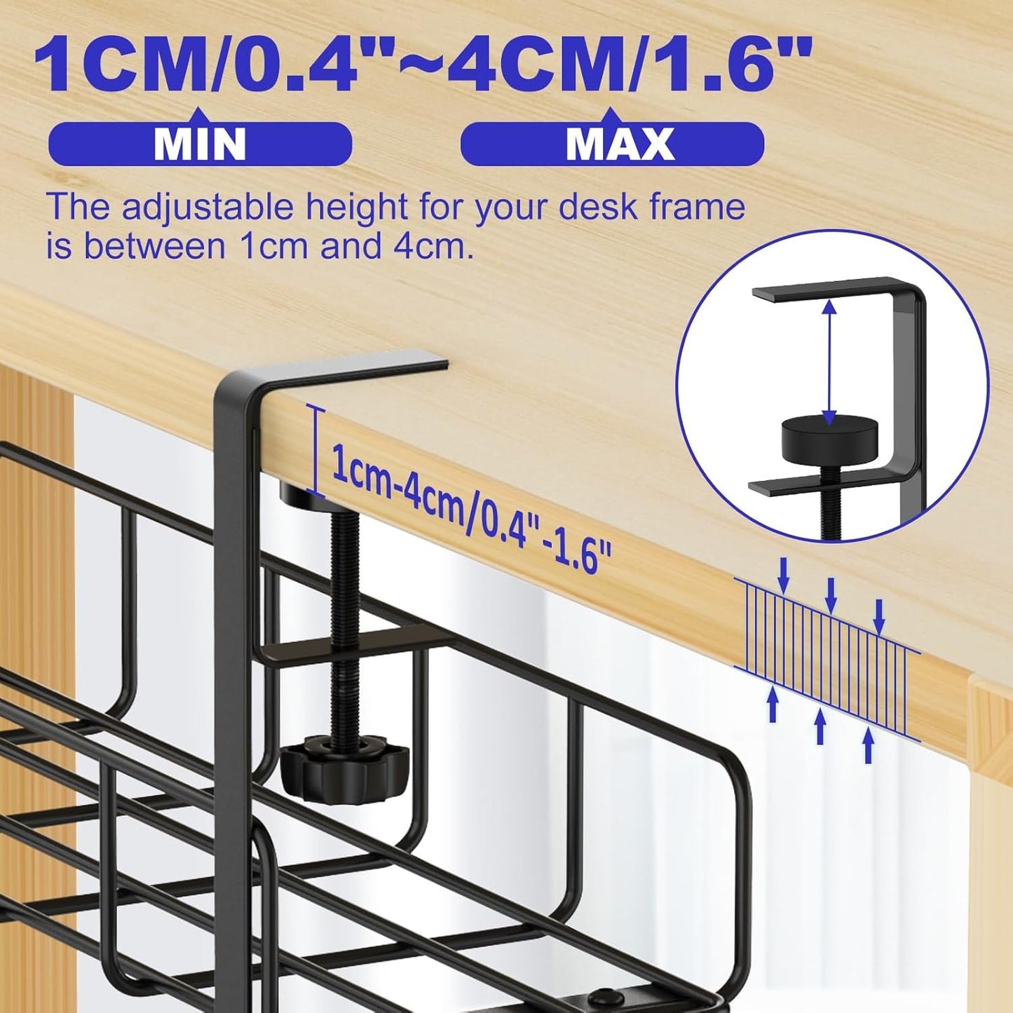 Under Desk Cable Management Tray, 15.7'' No Drill Steel Cable Tray Organizers, Wire Management Tray Cable Rack with Clamp Mount, Metal Under Desk Tray with Wire and Cord Organizer