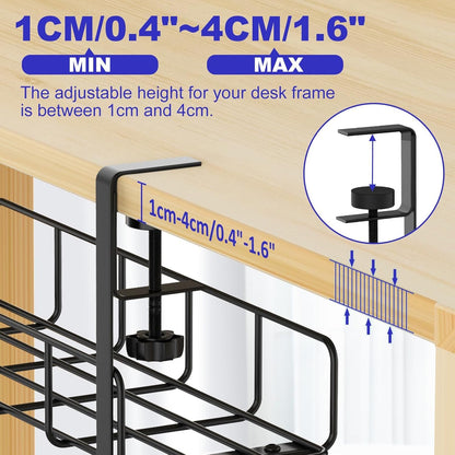 Under Desk Cable Management Tray, 15.7'' No Drill Steel Cable Tray Organizers, Wire Management Tray Cable Rack with Clamp Mount, Metal Under Desk Tray with Wire and Cord Organizer