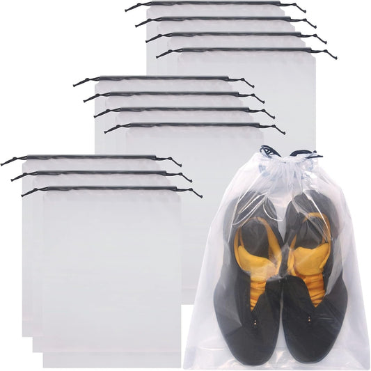 Set of 12 Transparent Shoe Bags for Travel Large Clear Shoes Storage Organizers Pouch with Rope for Men and Women, Clear 12PVC