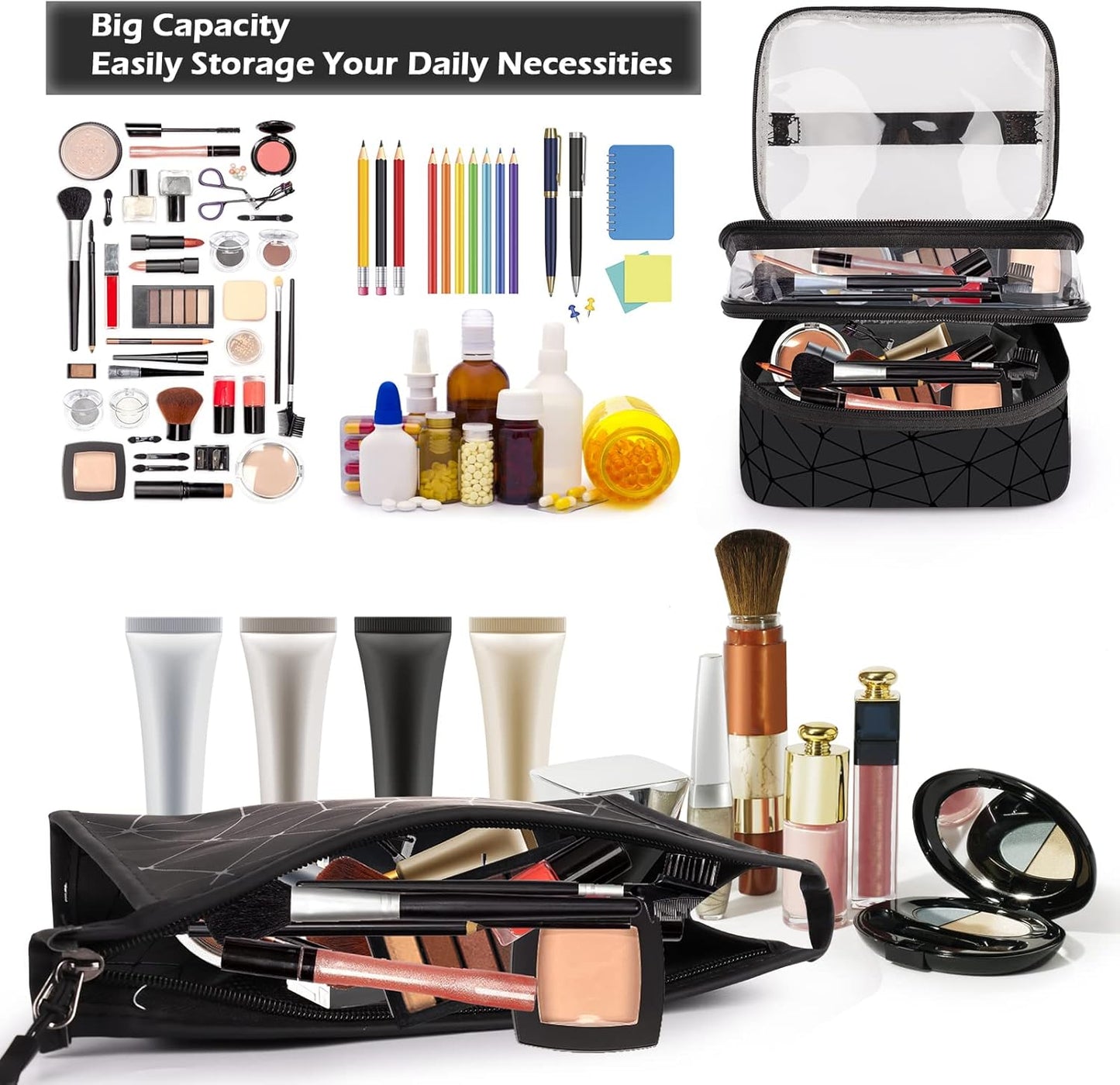 Set of 2 Women's Make-Up Large Clutch Bag Make Up Bag Makeup Cosmetic Travel Case Makeup Bag Makeup Bag Makeup Bag Girl | Black & Transparent, Black