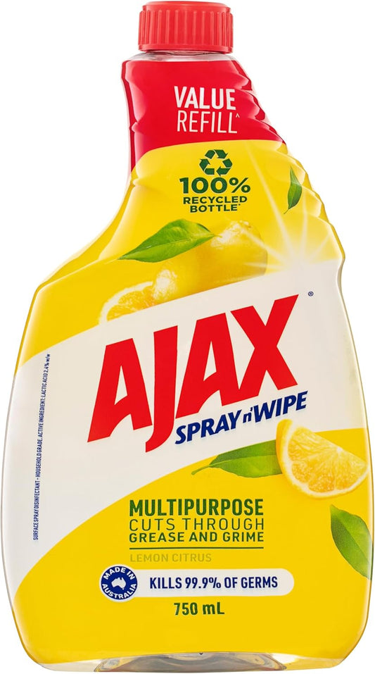 Ajax Spray n' Wipe Multi-Purpose Cleaner Refill, Value Pack 750mL, Lemon Citrus, Antibacterial Disinfectant, Household Grade