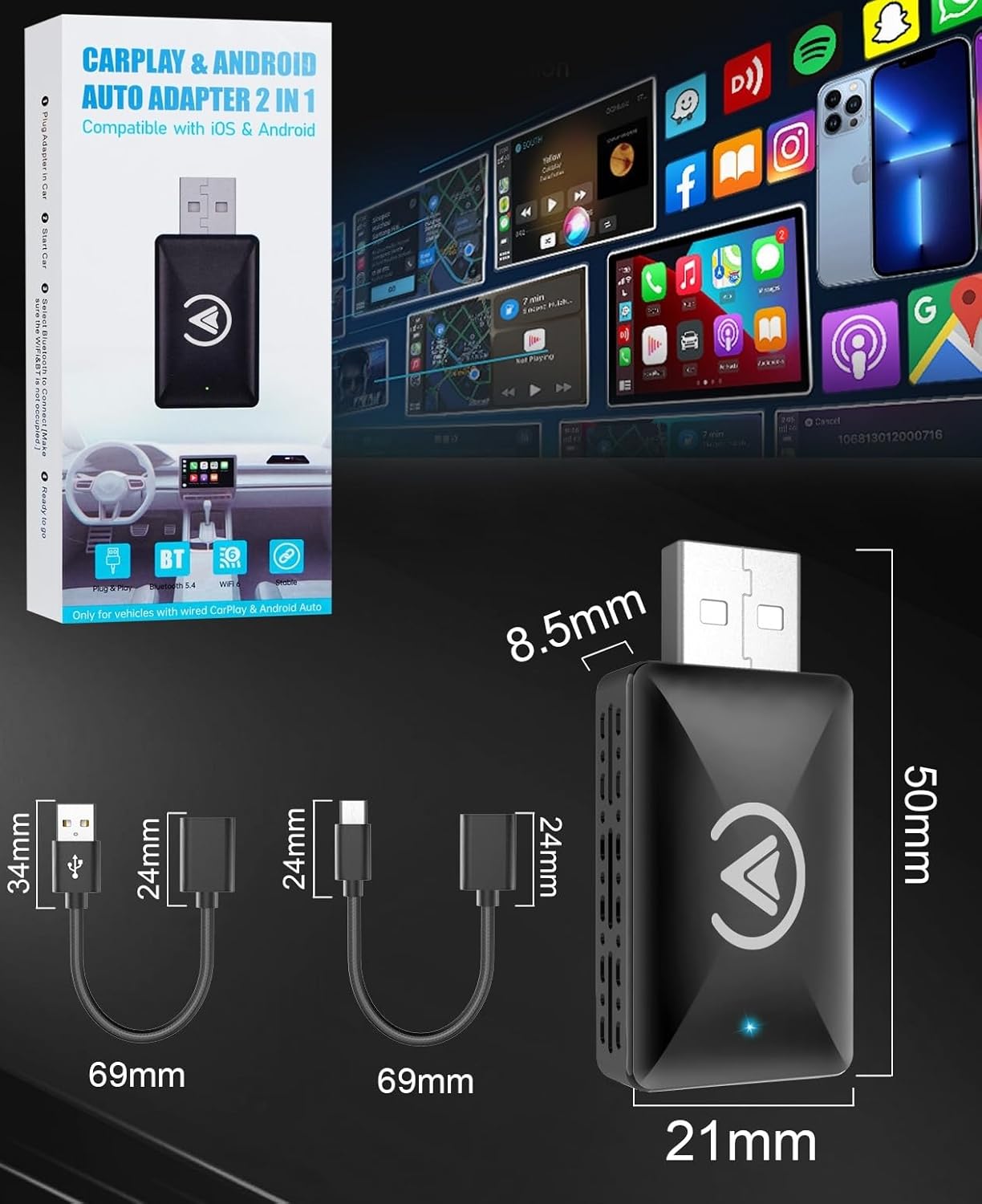 Shiptree CarPlay Wireless Adapter for iOS, 2 to 1 Adapter Convert Wired to Wireless, USB C/A Cable Mini Version, Plug & Play