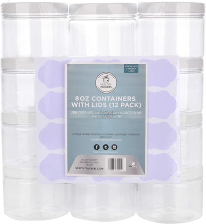 Healthy Packers Slime Containers with Water-tight Lids (8 oz, 12 Pack) - Clear Plastic Food Storage Jars with Individual Labels- Great for your slime kit - BPA Free