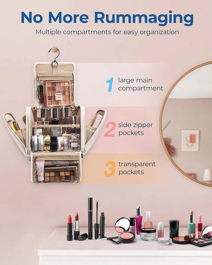BAGSMART Travel Makeup Bag, Cosmetic Bag Make Up Organizer Case, Large Capacity Water-Resistant Organizer for Toiletries Accessories Brushes Sponge, with Hanging Hook and Handle, Beige