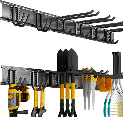 Garage Organization Tool Organizer Wall Mount, 48inch Heavy Duty Garden Tool Storage System, Easy Install With 6 Adjustable Hooks, For Home, Garage, Outdoor, Workshops (Black)