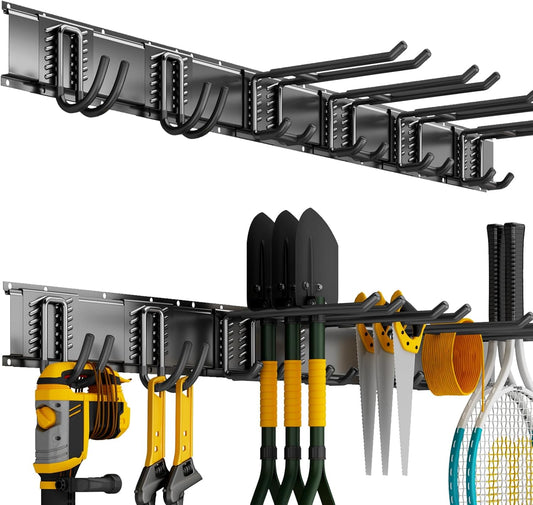 Garage Organization Tool Organizer Wall Mount, 48inch Heavy Duty Garden Tool Storage System, Easy Install With 6 Adjustable Hooks, For Home, Garage, Outdoor, Workshops (Black)