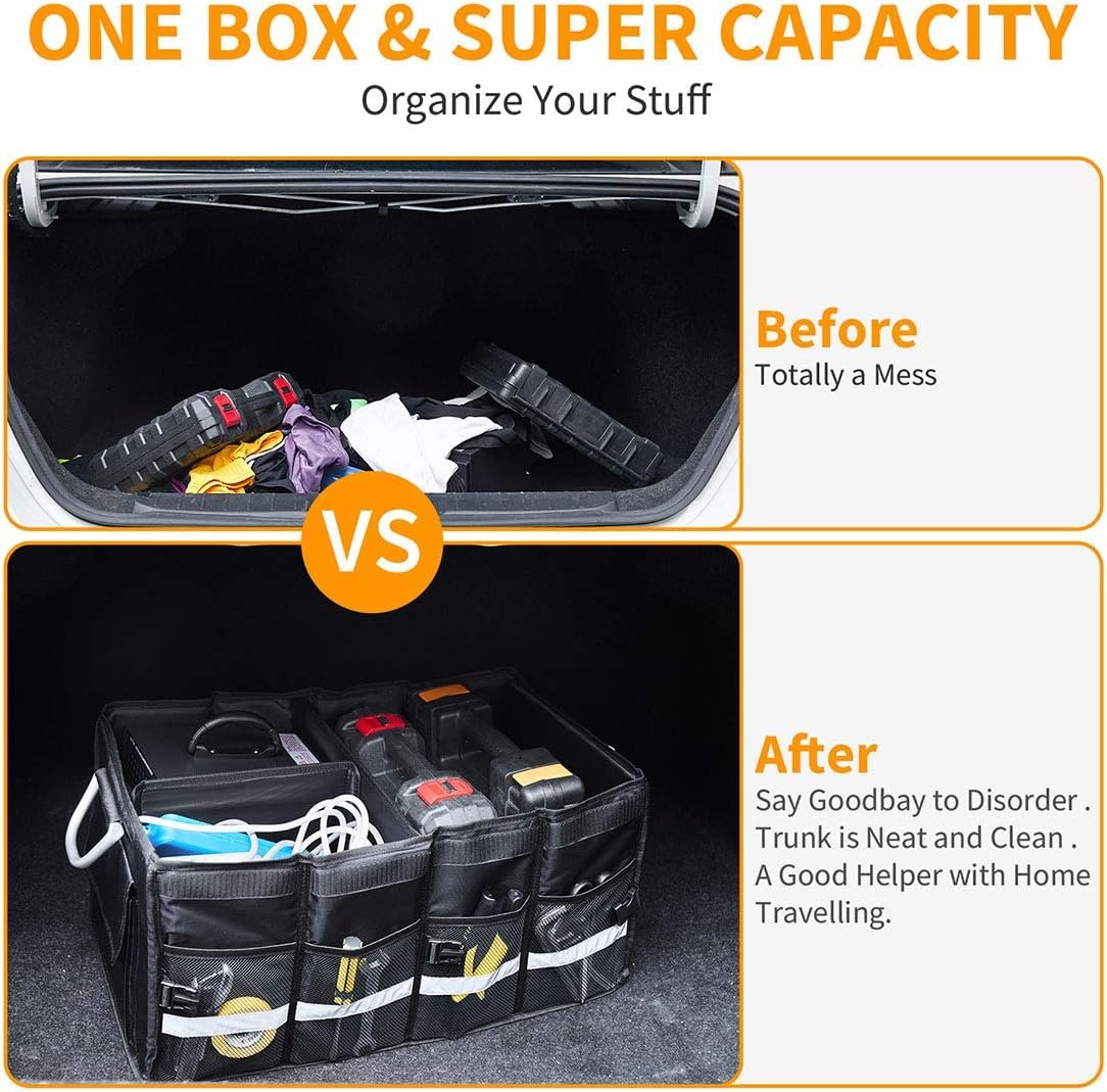 i BKGOO Car Trunk Organizer,Heavy Duty Collapsible Car Cube Storage Boxes with Lid,Foldable Cover,Car Cargo Trunk Storage Organizer Black