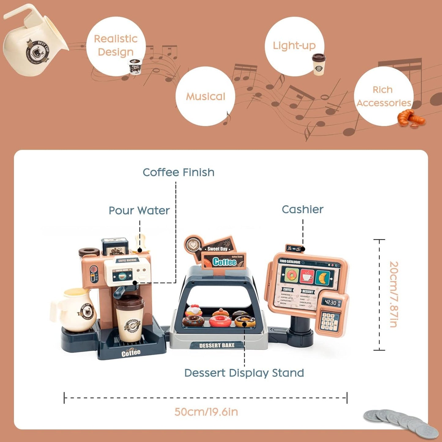 Pretend Role Play Toy Coffee Shop for Boys and Girls with Coffee Maker Machine and Fake Donuts 41Pcs (coffe2)