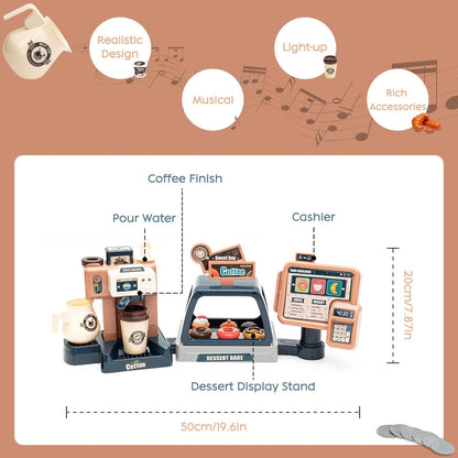 Pretend Role Play Toy Coffee Shop for Boys and Girls with Coffee Maker Machine and Fake Donuts 41Pcs (coffe2)