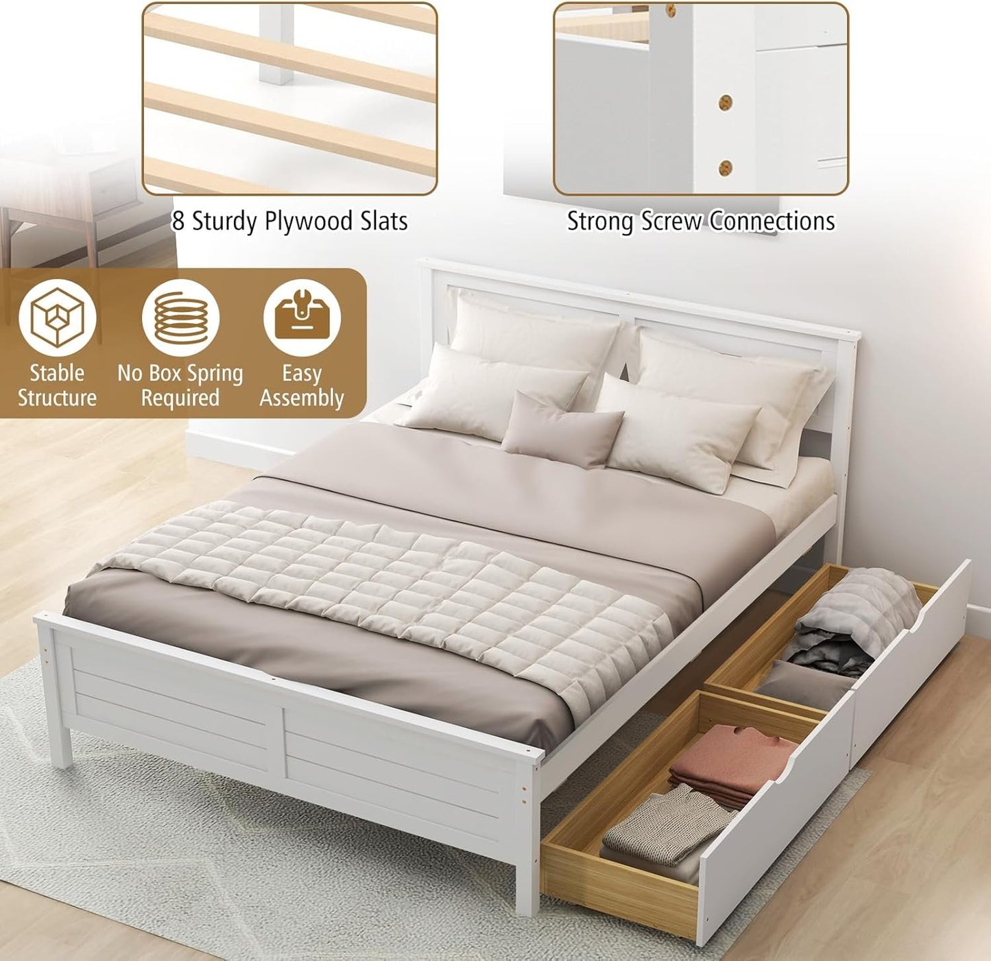 KOMFOTT Full Size Wood Bed Frame with 2 Storage Drawers, Mid Century Platform Bed Frame with Headboard, Sturdy Wooden Slats Support, Modern Mattress Foundation, No Box Spring Required, Easy Assembly