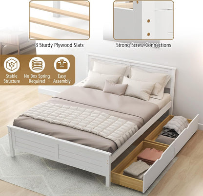 KOMFOTT Full Size Wood Bed Frame with 2 Storage Drawers, Mid Century Platform Bed Frame with Headboard, Sturdy Wooden Slats Support, Modern Mattress Foundation, No Box Spring Required, Easy Assembly